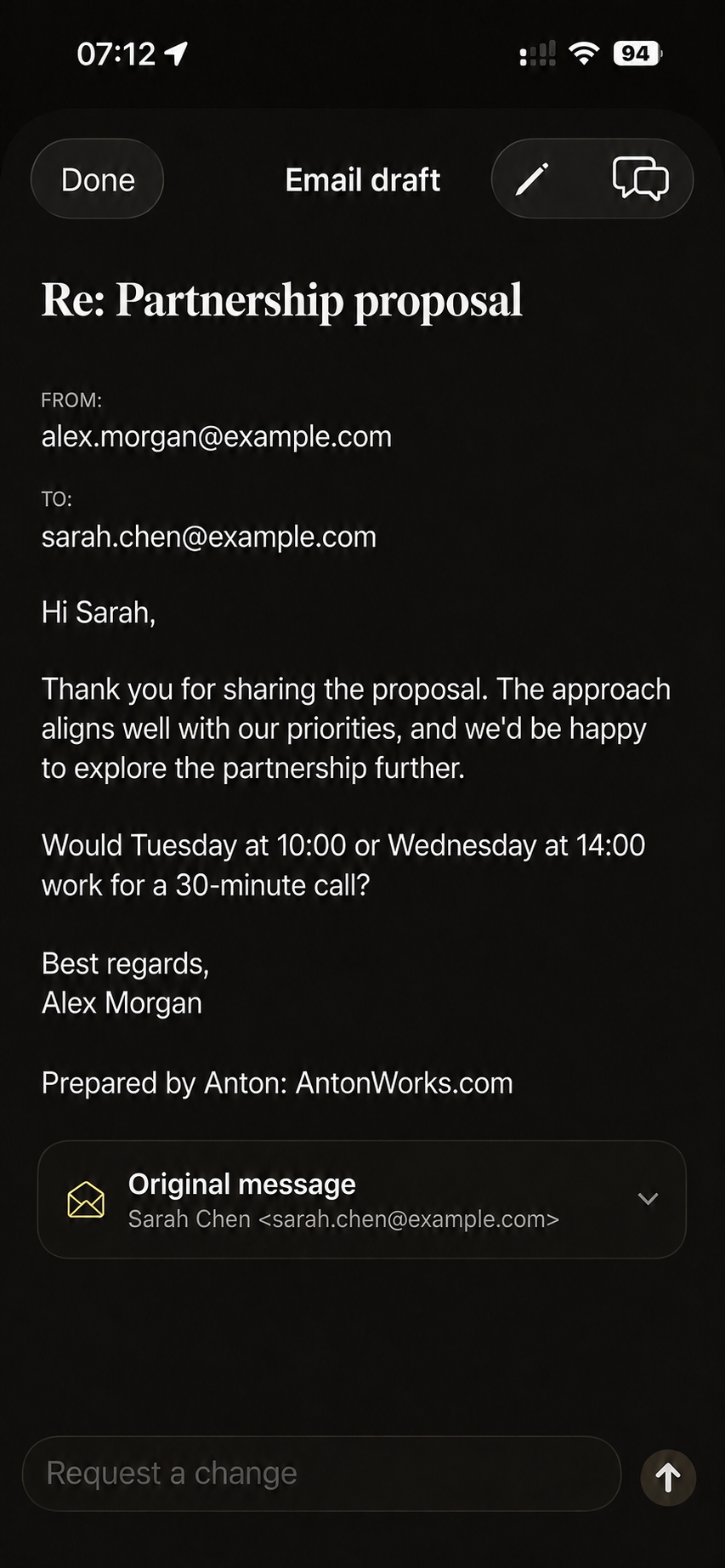 Anton App email draft awaiting approval