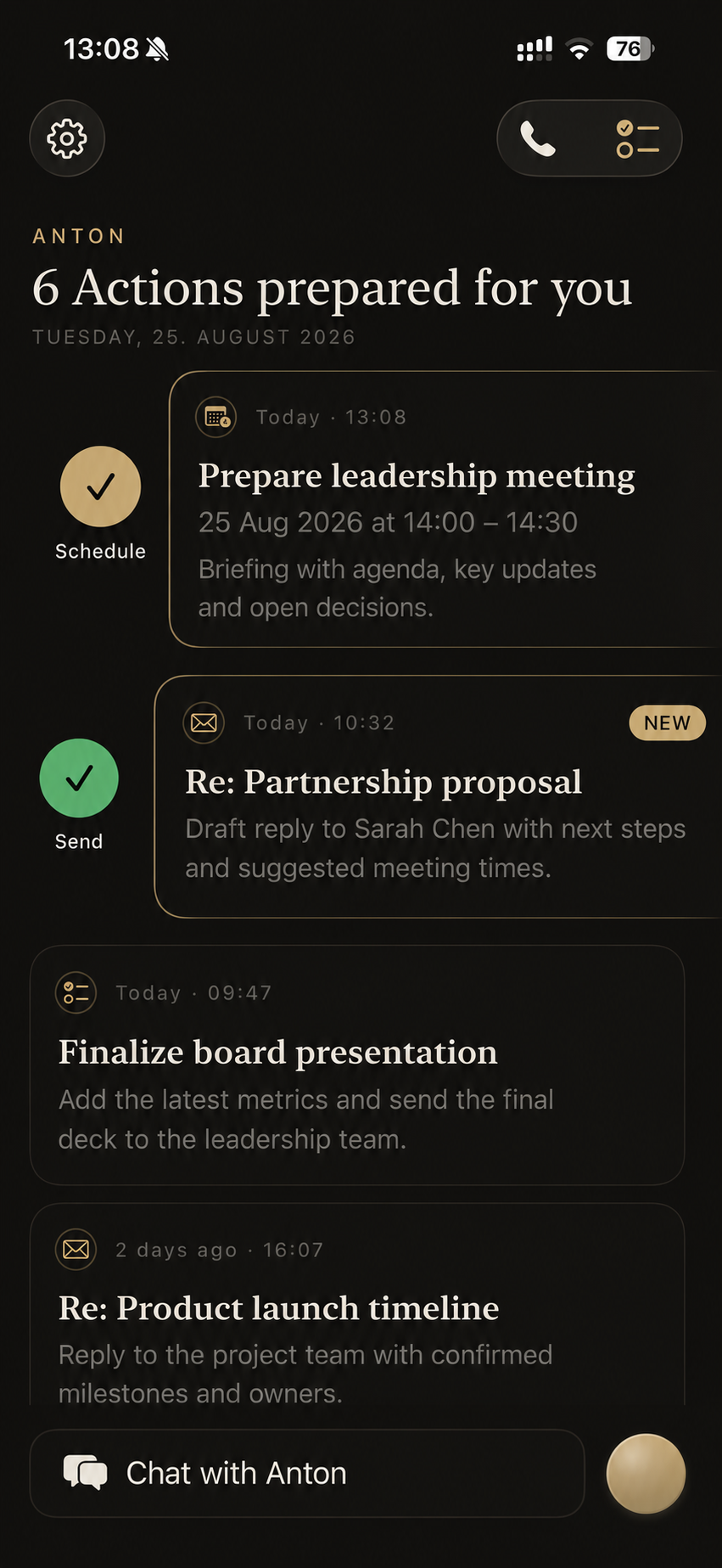 Anton App showing six actions prepared for the day